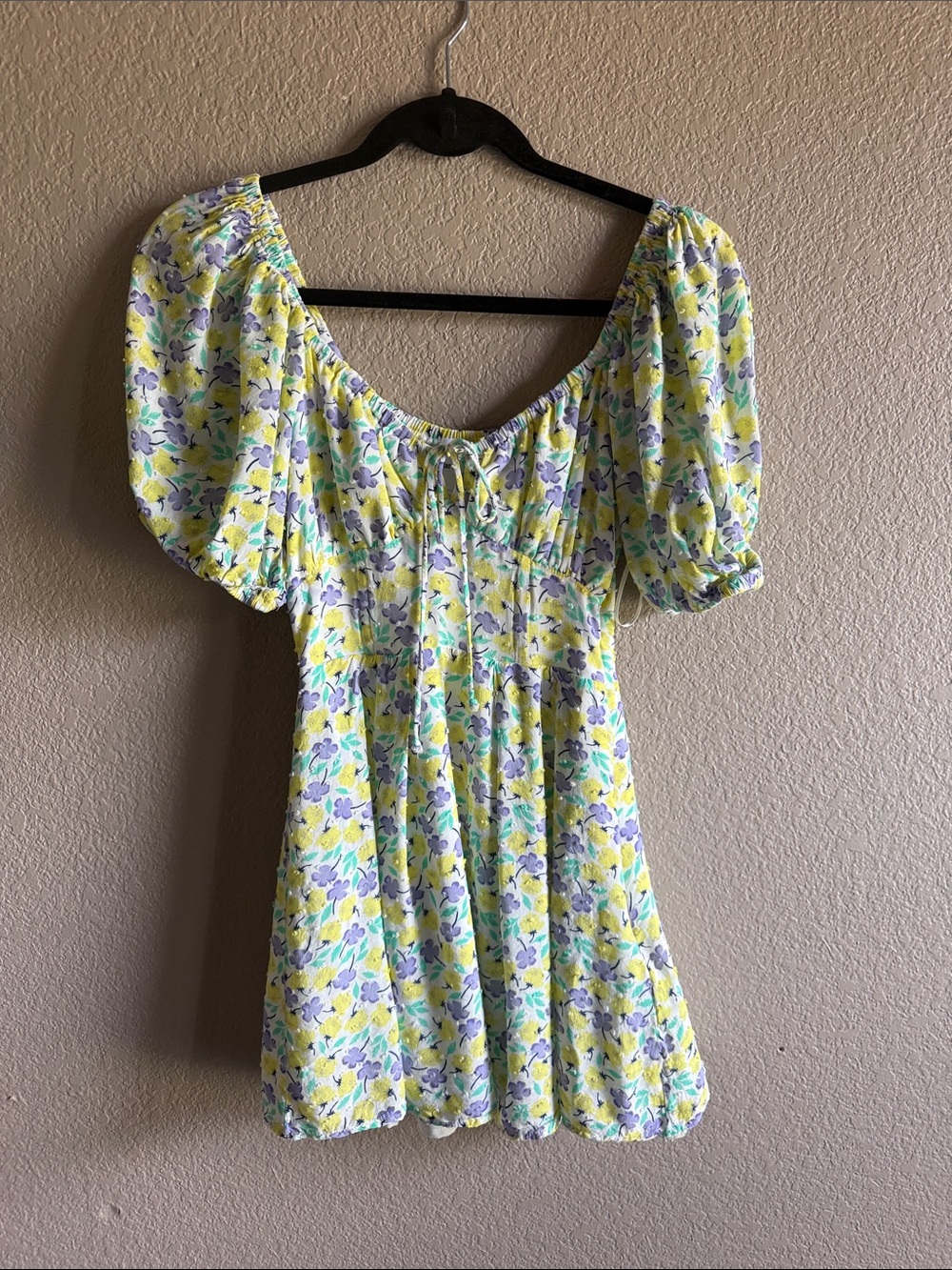 Skylar + Madison Yellow Floral Mini Dress with Purple and Green Accents
